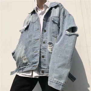 Men's Oversized Distressed Denim <b>Trucker</b> <b>Jacket</b> 100% Cotton Long Sleeve Button Front Breathable Windproof Casual Loose Fit - Product Image 6