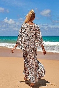 Robe maxi bohème à imprimé léopard, col rond, manches trois quarts, coupe ample, en mousseline respirante, tenue de plage estivale, robe décontractée pour femmes - Product Image 6