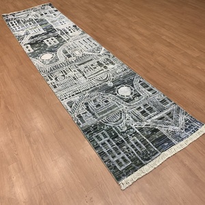 Tapis Runner TRO-0115 noué à la main en laine et soie, motif paysage urbain, pour couloir, salon, abstrait moderne - Product Image 3