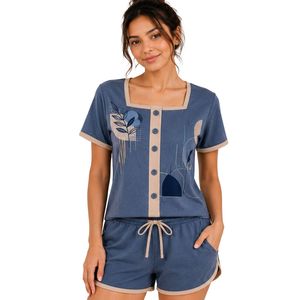 Blue And Beige Women Two Piece Shorts Set Square Neck Button <b>Top</b> Graphic Print Contrast Trim Casual Summer Cotton Lounge Wear - Product Image 1