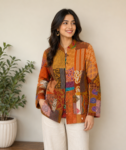 Magnifique veste d'hiver en patchwork de sari de soie faite à la main, imprimé floral, robe matelassée Kantha, col en V, manches bouffantes, décontractée - Product Image 1