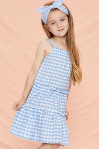 Simplee — robe à volants en coton, élégante et décontractée, bleu clair et blanc, à carreaux, sangle pour les épaules et le nœud de cheveux assortis - Product Image 3