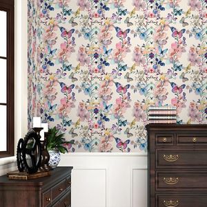 Carta da Parati Botanica con Farfalle Fatate Rosa/Viola, Carta Adesiva Gialla e Blu Stile Vintage - Product Image 2