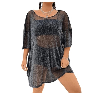 Women's Plus Size Sparkle Mesh Y2K Tee Top Loose Drop Shoulder <b>Party</b> Club Wear T <b>Shirts</b> - Product Image 1