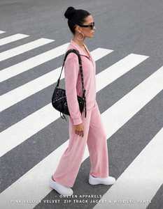 <b>Women's</b> Pink <b>Velour</b> Velvet 2 in 1 Lightweight Sports <b>Tracksuit</b> Set with Zip Track Jacket and Wide Leg Pants - Product Image 2