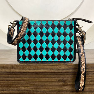 Mini bolso de cuero genuino con herramientas manuales occidentales con tallado Floral de cuero de vaca a cuadros para mujer, bolso de mano con bandolera - Product Image 5