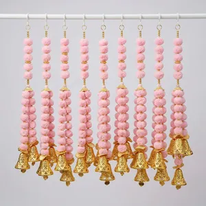 <b>Pink</b> Pom Pom Beaded Wind Chime with Metal Bells Hanging Garland Wall <b>Decor</b> Toran Home <b>Decor</b> - Product Image 4