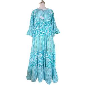 Robe maxi en coton durable à imprimé bloc pour femmes, robe ample de style bohème, col rond, robe décontractée - Product Image 4