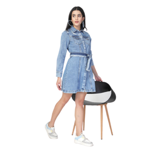 Vestido de Mezclilla de Manga Larga para Mujer, Ropa Casual de Moda, Suministro Directo de Fábrica al por Mayor - Product Image 4
