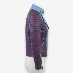 Blouson de moto en cuir véritable pour femme, color-block violet et bleu, col montant, fermeture éclair, manches longues, manteau de motard, vêtement d'extérieur pour l'automne - Product Image 3
