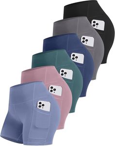 FlyFit - Paquete de 6 Pantalones Cortos Deportivos para Mujer con Bolsillo, Cintura Alta de 5 Pulgadas, Control de Abdomen, Spandex, para Yoga y Entrenamiento - Product Image 1
