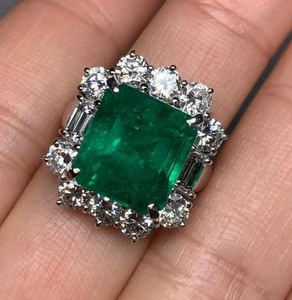 Anillo de Compromiso y Boda de Esmeralda Colombiana de Lujo, Esmeralda Cultivada en Laboratorio, Plata de Ley, Chapado en Oro Blanco, Elegante Anillo con Gema Verde - Product Image 2