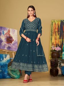 Elegante Traje Anarkali Azul Turquesa para Mujer, Manga 3/4, Georgette Crepé, Semi-Cosido, de Secado Rápido y Elástico, para Bodas y Diwali - Product Image 2
