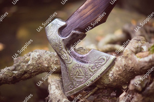 Hand Forged Carbon Steel Acid Etched Viking Bearded <b>Axe</b> with Wooden Handle Leather Grip Outdoor Camping Collector's <b>Axe</b> OEM - Product Image 2