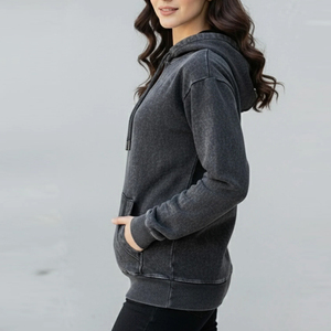 Sweat-shirt à capuche gris foncé pour femme, doublé, manches longues, couleur unie, tricoté, 100% coton, respirant, écologique, décontracté pour l'hiver - Product Image 2