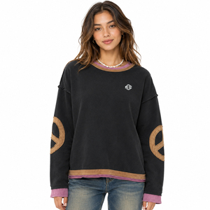 Custom Patch Applique Vintage Washed Oversized Contrast Layered Hem Black Women's Sweatshirt Hoodies Private Label High Street - Product Image 1