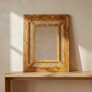 Handwoven Rattan Decorative <b>Mirror</b> and Photo Frame Bamboo Cane <b>Table</b> <b>top</b> Accent <b>Mirror</b> for Rustic Interiors Design - Product Image 1