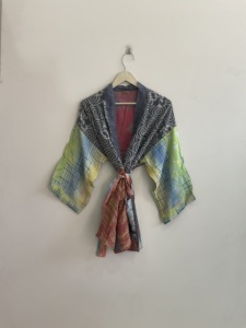 Bata de algodón y fibra de bambú para mujer, estilo patchwork, manga larga, sin cuello, estampada, para estar en casa, ideal para primavera - Product Image 5