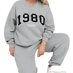 Geheel Grijs Sweatshirt En Onderkant Zweetbroek <span class=keywords><strong>Set</strong></span> Drop Shoulder Vrouwen Winter Dragen Nieuwe Collectie Dameskleding Dames