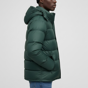 <b>Men's</b> Green Hooded Puffer <b>Jacket</b> With Front Logo Embroidery Windproof Winter Coat Regular Fit Zipper Closure - Product Image 2
