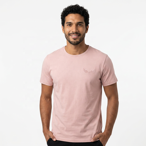<b>Men's</b> Pink Short Sleeve T-Shirt Embossed Logo O-Neck Regular Fit Casual Jersey Cotton <b>Top</b> - Product Image 3