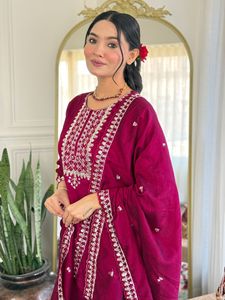 Premium and Elegant Women's Maroon CP Vichitra Embroidery Straight <b>Kurti</b> with CP Vichitra Pant And Printed Dupatta Sets - Product Image 5
