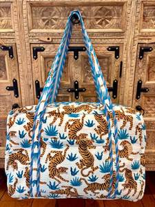 Sac fourre-tout décontracté bleu à carreaux avec appliqué léopard, en toile, bandoulière, grande capacité, sac de plage pour femme - Product Image 4