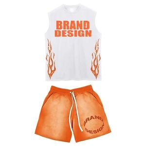 Conjunto de Camiseta sin Mangas y Pantalones Cortos para Hombre, Ecológico, de Poliéster/Algodón, Liso, Teñido, Transpirable, Personalizable, Estilo Casual Urbano - Product Image 4