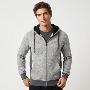 Men's Gray Hooded <b>Full</b> <b>Zip</b> <b>Sweatshirt</b> Regular Fit Knitted Polyester Cotton Casual Autumn Wear - Product Image 5