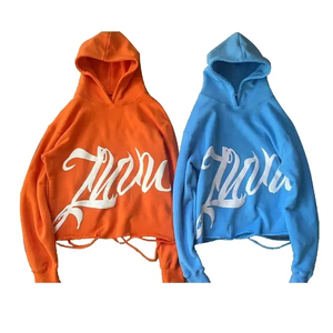 Sweat à capuche pour homme, style streetwear, ourlet brut, design imprimé en relief personnalisé, imprimé par transfert thermique, 100% coton, séchage rapide - Product Image 1