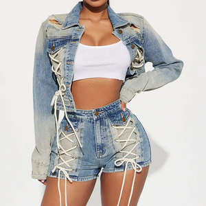 Ensemble de shorts en jean vintage décontractés pour femmes, sur mesure, de haute qualité, streetwear, printemps été, plage, extérieur, séchage rapide, respirant - Product Image 1