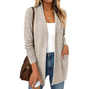 Heather Gray Open Front <b>Women</b> Sweater <b>Cardigan</b> <b>Long</b> Sleeve Knit Cover Up <b>for</b> Casual Lounge Wear - Product Image 4