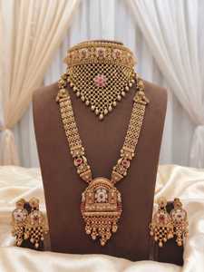 Antique Gold Plated Copper Alloy Bridal Jewelry Set Emerald Long Necklace Choker <b>Earrings</b> Ring for Women's Fashion Jewelry - Product Image 3