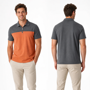 Polo de hombre de manga corta con cremallera de un cuarto y bloques de color a la moda, diseño casual naranja y gris sólido, streetwear premium - Product Image 4