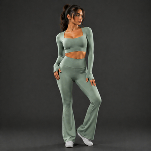 Conjunto de Yoga Personalizado para Mujer, Pantalones Acampanados, Leggings con Cintura Elástica, Top de Manga Larga, Elástico, Transpirable, de Secado Rápido, para Gimnasio y Entrenamiento - Product Image 1