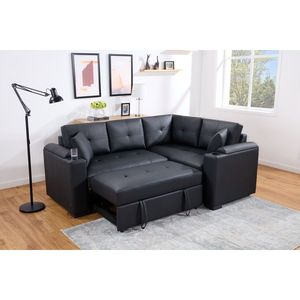 Divano letto componibile Donovan 84.5"W in tessuto PVC nero con caricatore USB, portabicchieri e braccioli contenitore - Product Image 3
