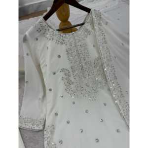 Conjunto de Top, Pantalón y Dupatta Blanco para Mujer, Diseño HK, con Bordado y Lentejuelas, Talla L - Product Image 3