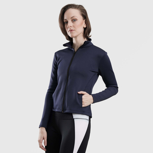 Women's Navy Full Sleeve Stand Neck <b>Zipper</b> Front Yoga <b>Top</b> Solid Color Ribbed Breathable Active Sportswear - Product Image 2
