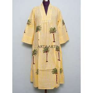 Robe midi ample pour femme, légère, écologique, en coton respirant et lavable, imprimé palmiers, élégante, col en V, manches 3/4 - Product Image 1