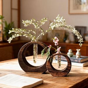 Florero Circular de Madera Minimalista Moderno, Exportador de Marcos de Madera Hechos a Mano con Tubo de Vidrio para Plantas Hidropónicas - Product Image 1
