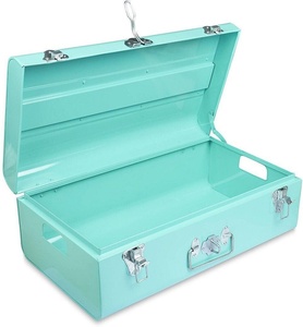Vintage Aqua Blue Metal Trunk <b>Storage</b> Box Heavy-Duty Silver Toggle Latch Keepsake <b>Chest</b> - Product Image 6