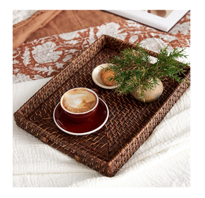 Latest Rattan Woven Serving Storage Tray With Handles For Beverages Snacks Breakfast Vintage Cane Basket For <b>Coffee</b> Dining <b>Table</b> - Product Image 4