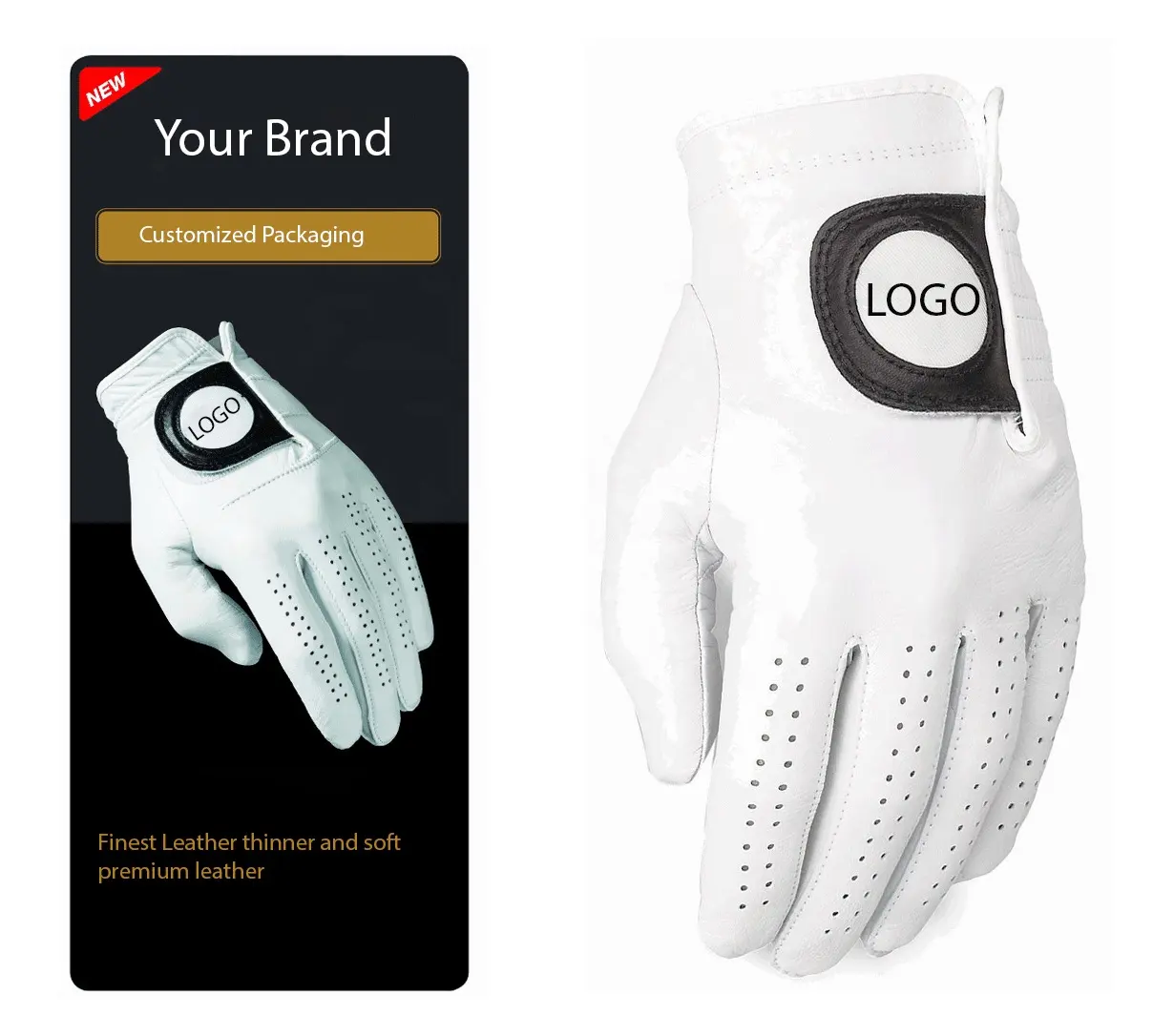 Guanti da Golf con Logo personalizzato confezione Cabretta Leather Palm Soft Men White OEM Color caratteristica materiale origine taglia By Canleo