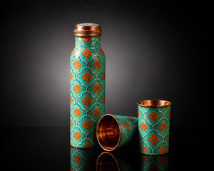 Heritage Meena Copper Bottle <b>Set</b> 950ml with Cups Pure Copper Lifestyle <b>Gift</b> <b>Set</b> - Product Image 1