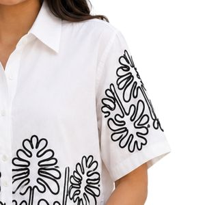<b>White</b> Women Cropped Button Shirt Black Floral Embroidery Short Sleeve Casual Summer Blouse Cotton Fashion Designer Top Custom - Product Image 4