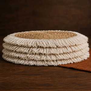 <b>Round</b> Bohemian Handmade Linen <b>Placemat</b> With Tassels 400mm Diameter Natural Color Decorative Table Mat - Product Image 5