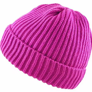 Pink Solid Ribbed <b>Beanie</b> Hat Unisex Adult Winter Warm Casual Style 100% Polyester Hand Knitted Breathable <b>Waterproof</b> Flock Print - Product Image 1