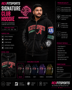 REXFITSPORTS 2026 Sweat à capuche graphique universitaire noir personnalisé à fermeture éclair intégrale, 280-300 GSM, en molleton de coton et polyester, style streetwear clouté - Product Image 1