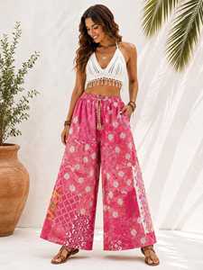 Bohemian Style Yellow Patchwork Cotton <b>Harem</b> Pants Women Full Length Regular Fit High Elastic Waist Wide Leg Breathable Pants - Product Image 6