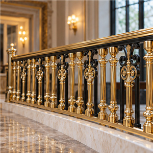 Rampe en or massif avec inserts en spirale noire et balustres symétriques à médaillon, garde-corps et balustrade en métal - Product Image 1